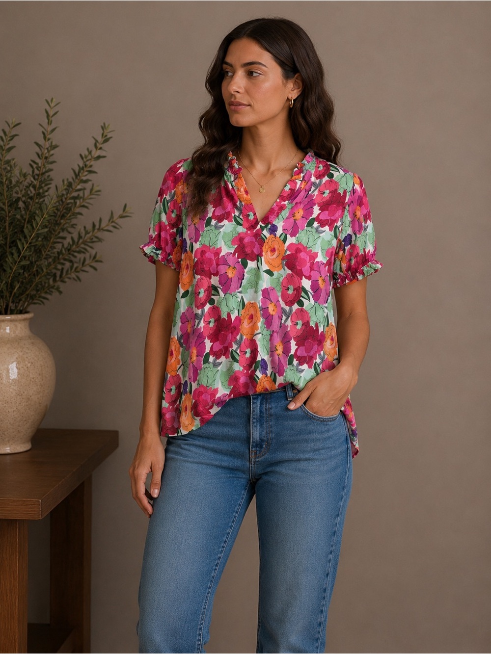 Vibrant Floral V-Neck Blouse - Pink, Green, Orange